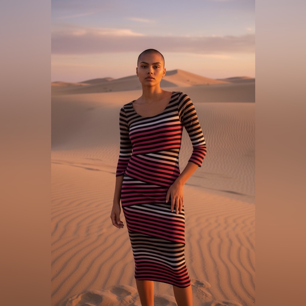 Anthropologie Bailey 44 Bodycon Striped Knit Midi Dress Striking Asymmetrical S